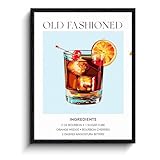 Old Fashioned Cocktail Wall Art, classic bourbon recipe list, kitchen bar wall decor, matte finish framed canvas print, cocktail bar poster, for kitchen home bar housewarming gift, 12x15 inch