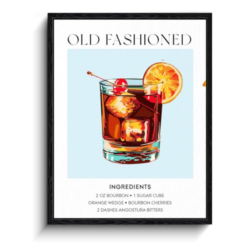 Old Fashioned Cocktail Wall Art, classic bourbon recipe list, kitchen bar wall decor, matte finish framed canvas print, cocktail bar poster, for kitchen home bar housewarming gift, 12x15 inch
