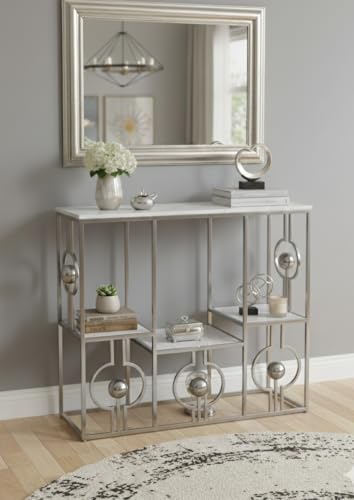 Image of Console Table with Storage, Modern Engineered Wood, Gold Metal Frame with Decorative Spheres, 30x30x7.5 Inch (Gry White)