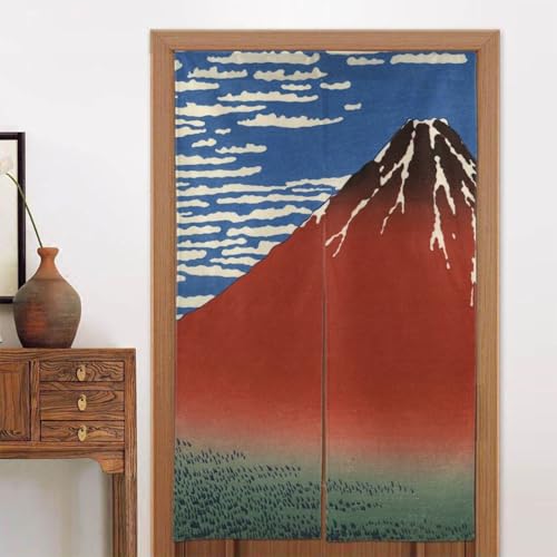 葛飾北斎 富嶽三十六景 凱風快晴 のれん 暖簾 カーテン 遮光 間仕切り 目隠し リビング キッチン 玄関 階段 飲食店 洗える 冷房 暖房 幅86cmx丈143cm [3]
