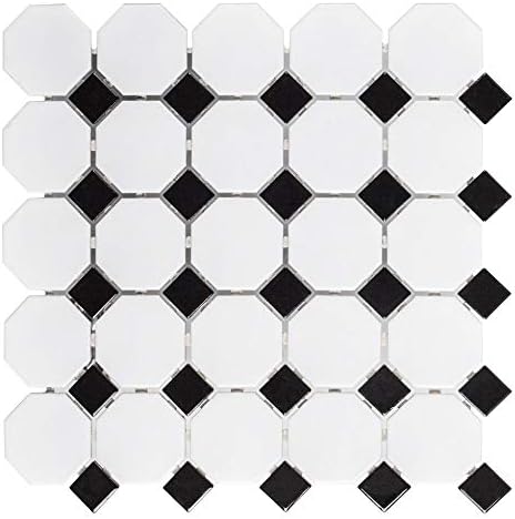 Squarefeet Depot Retro Octagon Porcelain Mosaic Floor and Wall Tile, 12" x 12", Matte White and Glossy Black Mixed
