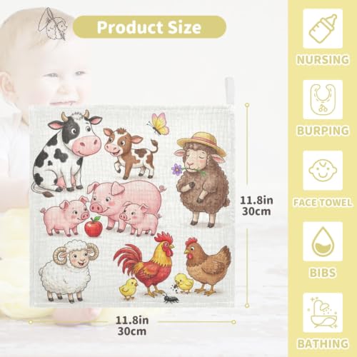 Image of Cow Pig Sheep Chick Burp Cloths for Boys Girls, 3 Pack Farmhouse Animals Muslin Washcloths, Newborn Face Bath Towel, Soft Absorbent Cotton Wash Cloth, Baby Registry, 12 x 12 Inch