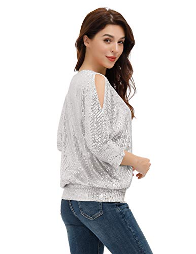 Women's Silver Sequin Tops Plus Size Round Neck Sparkle Top Shimmer Glitter Short Sleeve T-Shirt Tunic Blouse Size M #TOP2