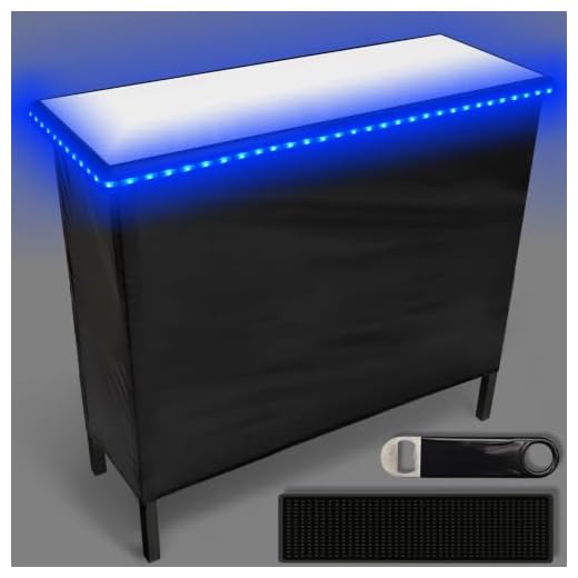 (USA Company) Patented Folding Portable Party Bar w/Multi-Color LED Lights, Black & Hawaiian Bar Skirts, and Storage Shelf