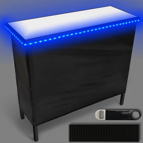 Image of PartyLife NEW & Improved Portable Bar Table w /LED Lights, Folding Steel Legs, 2 Bar Skirts, Supportive Storage Shelf & Carrying Case - White