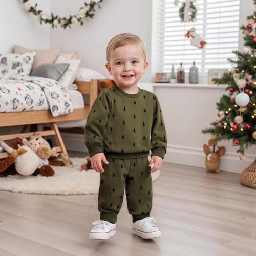 GOOCHEER Toddler Baby Boy Fall Outfit Tree Printed Long Sleeve Sweatshirt and Jogger Pants Christmas Clothes Set3