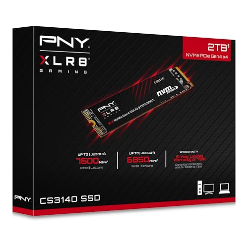PNY XLR8 CS3140 M.2 NVMe Gen4 x4 SSD Interne 2 to, Vitesse de Lecture jusqu'à 7500 Mo/s, Vitesse d'écriture jusqu'à 6850 Mo/s
