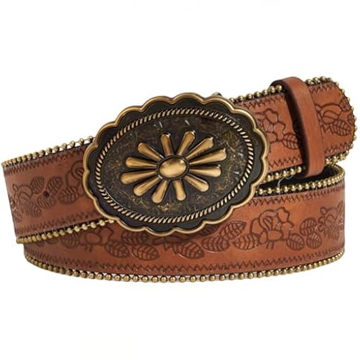 CALFOVERA Cinturón de Piel Sintética Estilo Country Western de 1.03 m X 3.8cm con Hebilla de Aleación de Flor Ovalada Retro, Ajustable, Marrón, Estilo Vaquero Vintage con Relieve de Vaquera | Ya disponible en tu tienda friki favorita! En mundofriki.es!