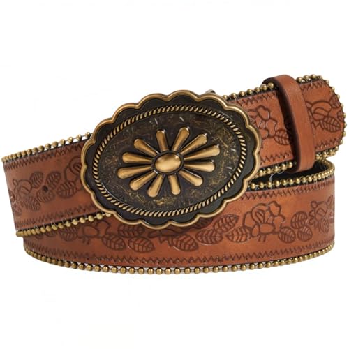 40.55 x 1.5 Inch Country Western PU Leather Belt with Retro Oval Flower Alloy Buckle Brown Adjustable Vintage Cowboy Cowgirl Embossed Waist Belt for Men Women Jeans Pants
