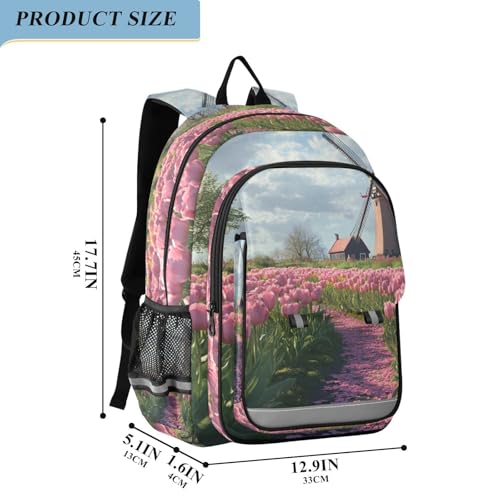 ALAZA Pink Tulips Windmill School Backpacks Reflective Safety Backpack2