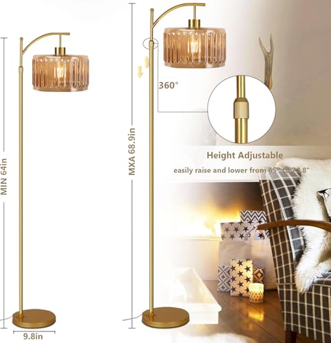 Image of QIYIZM Glass Floor Lamp for Living Room,Bedroom,Gold Dimmable Standing Lamp with Remote,Mid Century Modern Brass Tall Lamp Boho Vintage Retro Floor Lamps Arc Amber Flower Floor Light Lamp Bohemian