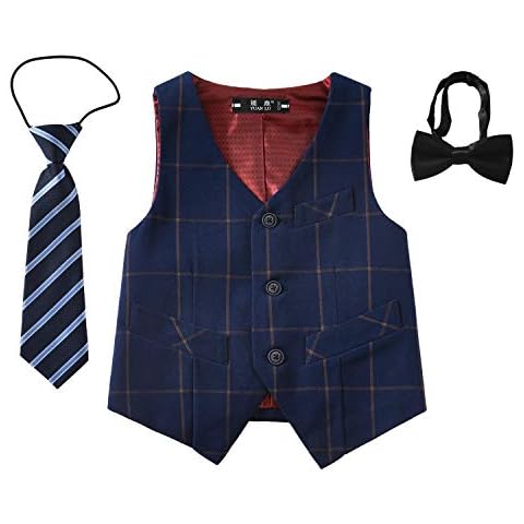 YuanLu 3 Piece Slim Fit Plaid Blue Dress Vest for Boys with Black Bowtie and Blue Tie Size 8 Cover