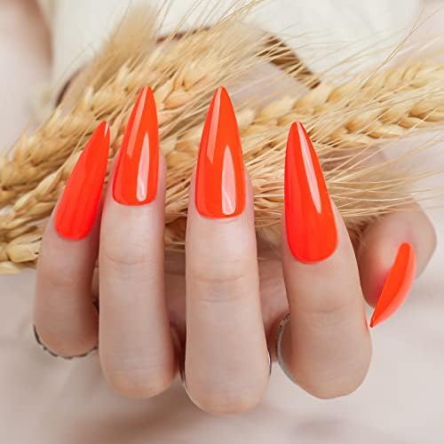 Almond Press on Nails Long, Jofay Fashion Fake Nails Reusable, Glossy False Nails with Glue, Solid Color Stick on Nails for Women Girls Gift, Acrylic Nail Tips, 24pcs, Fluorescent Orange