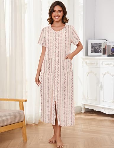 Image of Bloggerlove Zipper Front Robes for Women House Coat Half Sleeve Loungewear Long Nightgown with Pockets S-3XL