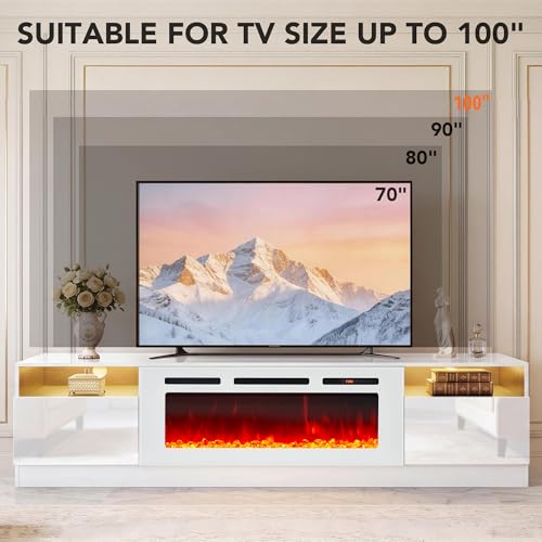 Image of MXV 90 inch Fireplace TV Stand for TVs Up to 100 inch, LED Light Entertainment Center with 50 inch Electric Fireplace, Modern Wood Texture TV Media Console with Highlight Storage Cabinet, White+White