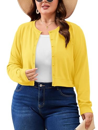 AusLook Plus Size Cropped Cardigan for Women Lightweight Button Front Knit Sweater Crew Neck Long Sleeve Short Bright Yellow 3X Cardigan Casual Layering Cardigan for Dresses Summer Outfit