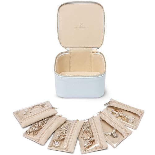 Vlando Jewellery Box, Litchi Pattern Jewellery Organiser,Travel Jewellery Storage with 6 Velvet Jewellery Zipper Pockets,Premium Petal Hardware Jewellery Case, Light Blue A.6pcs-baby Blue