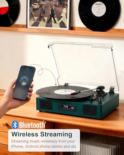 Image of Vinyl Record Player Bluetooth Turntable with Built-in Stereo Speakers USB Recording 3 Speeds Belt Drive Turntables Support RCA Output, LED Display, EQ, Green
