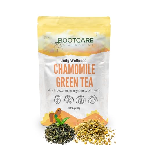 Image of Rootcare Organics chamomile tea for sleep 100g Relaxation Caffeine Free Herbal Tea Stress Relief & Anxiety Support Improves Sleep Quality Natural Dried Chamomile tea leaves