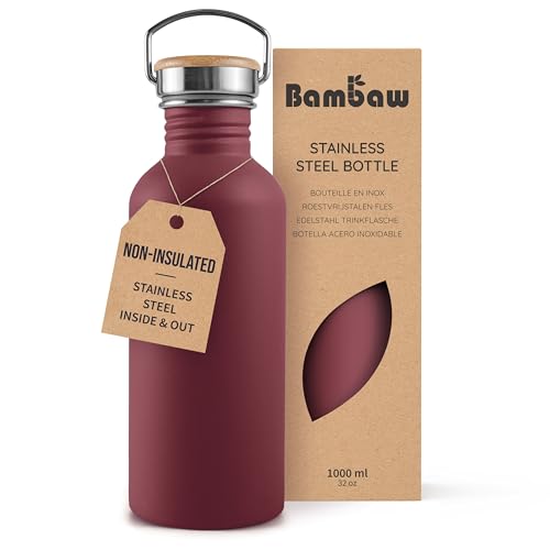 Image of Bambaw Non-insulated 32 oz Water Bottle, Reusable Water Bottle Red, Single Wall Stainless Steel Water Bottle, Travel Water Bottle 32oz, Metal Water Bottle with Handle - Red Berry