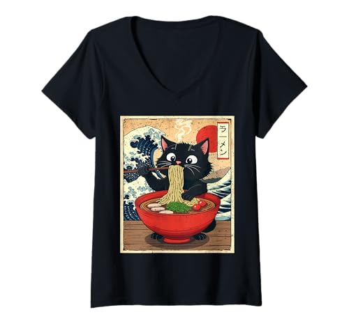 Mujer Vintage Cat Kawaii Neko Ramen Arte Japonés Anime Regalos Divertidos Camiseta Cuello V