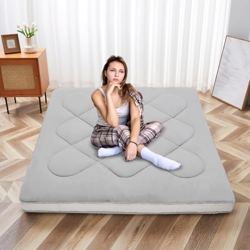 SUNYRISY Colchón japonés para futón, tapete grueso enrollable, cama tatami, cama plegable y portátil, para invitados, cama de camping, con bolsa de almacenamiento, tamaño King