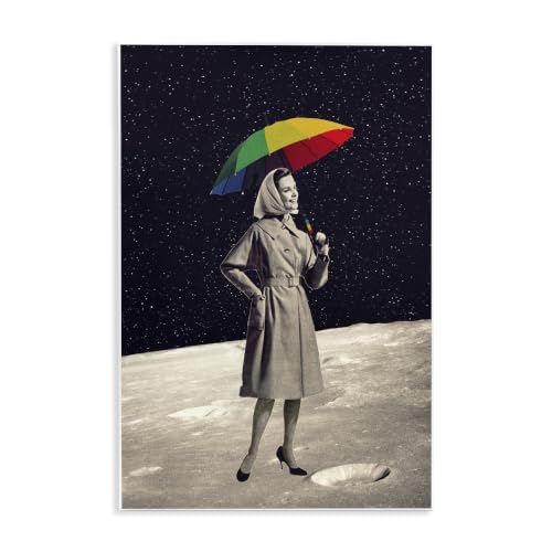 Stupell Industries Vintage Woman Outer Space Moon Rainbow Umbrella, Design by Daniel Sproul