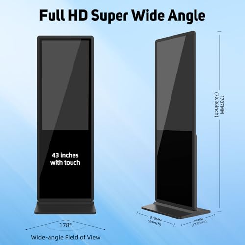 YCKJNB Digital Signage Displays 43 inch Touchscreen Floor Standing Digital Kiosks Advertizing Display IPS Full HD LCD Screen Interactive Advertizing Totem with Auto Media Player, Android OS