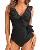 Daci Women One Piece Swimsuits Tummy Control Ruched Bathing Suits Swimwear Ruffle Black Medium