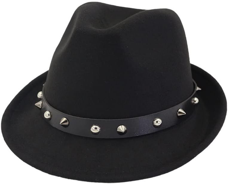 JSEIAJB Men Women Wide Flat Brim Wool Felt Fedoras Hats Rivet Jazz Trilby Top Hat Panama Cap Floppy