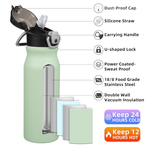 Image of BJPKPK 25 oz Insulated Water Bottle, Straw, Handle, Stainless Steel Flask | Leak Proof Locking Lid, Thermal, Double Wall Vacuum, Keeps Hot /Cold, BPA Free, Dishwasher Safe, Travel & Sports, Sage