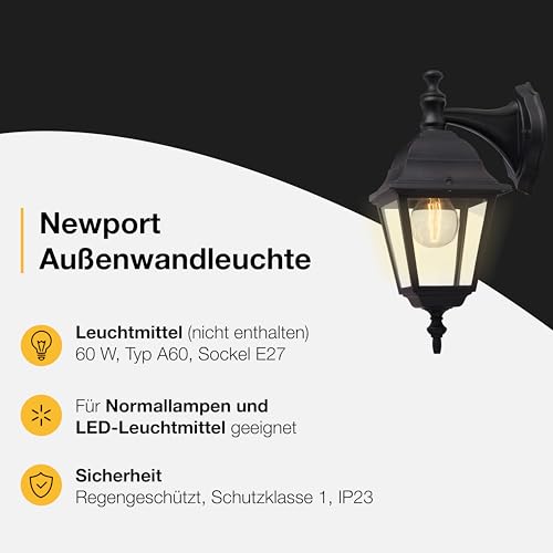 Brilliant 44282/06 Newport - Lampada Da Esterno In Metallo E Vetro, E27, 60 W, Colore: Nero - 2
