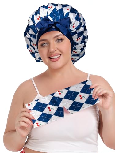 Vettres Pleated Silk Sleeping Bonnet with Eye Mask Double Layer Satin Hair Bonnets Sleep Cap for Curly Natural Hair Blue White Cherry — view 4