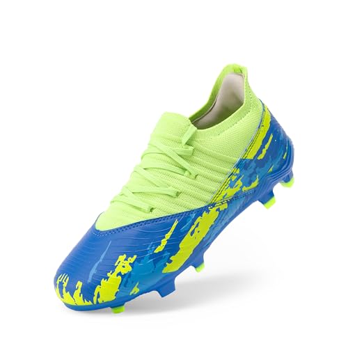 DREAM PAIRS Girls Boys Soccer Cleats Youth Firm Groud Outdoor Sports Athletic Mid-top Football Shoes for Little/Big Kid 10 Toddler Royal Blue/Neon Green