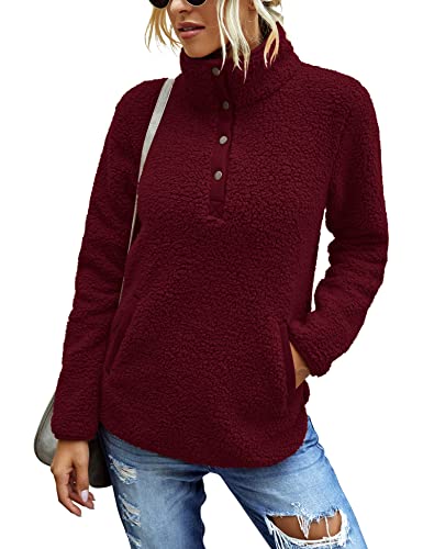 Image of AKEWEI Women Faux Fleece Sweatshirt Fuzzy Button Pullover Coat with Pocket