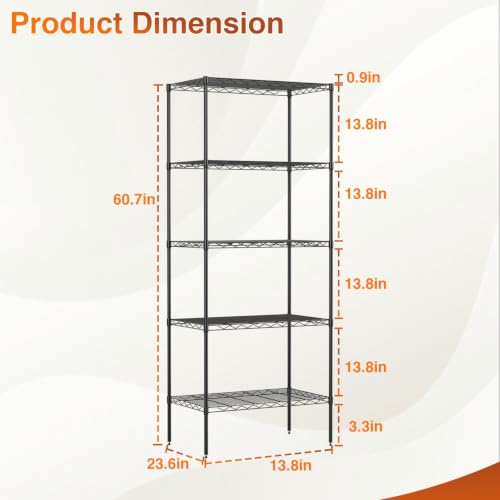 Image of BestOffice | 5-Tier Wire Shelf | 14 inch x 24 inch x 60 inch | Black | Storage Shelves Metal Shelving Kitchen Storage , Holds upto 750 lbs | Rust-Resistant, No-Tool Assembly | for Home, Garage