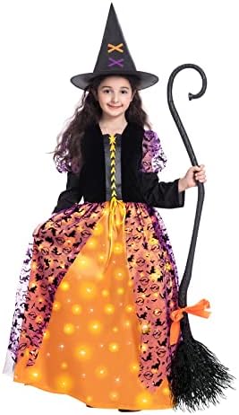 Witch Halloween Costume for Girls, Light Up Witch Dress Deluxe Outfit with Hat and Broom, Kids Twinkle Witch Costumes for Halloween Dress Up Party (Small)