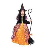 Witch Halloween Costume for Girls, Light Up Witch Dress Deluxe Outfit with Hat and Broom, Kids Twink