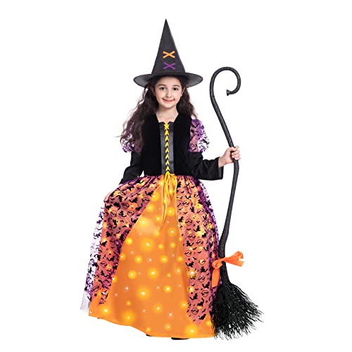 Witch Halloween Costume For Girls, Light Up Witch Dress Deluxe Outfit With Hat And Broom, Kids Twinkle Witch Costumes For Halloween Dress Up Party (Small) #TOP22