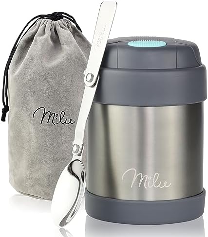Milu® Thermobehälter für Essen Kinder 300ml, Edelstahl Warmhaltebehälter mit Löffel, Thermobecher 100% Auslaufsicher, Thermo Lunchbox, Thermobox Suppen, Speisebehälter Grau, 300ml