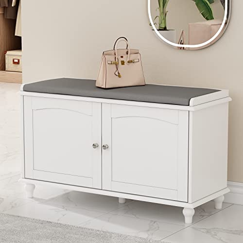 ECACAD Wood Shoe Storage Bench with Cushion Seat, 2 Doors & 4 Storage Compartments, Entryway Shoe Rack Bench for Bedroom, Hallway, White (35.8”L x 13.1”W x 20.8”H)