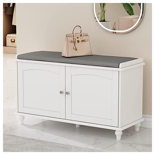 ECACAD Wood Shoe Storage Bench with Cushion Seat, 2 Doors & 4 Storage Compartments, Entryway Shoe Rack Bench for Bedroom, Hallway, White (35.8”L x 13.1”W x 20.8”H)