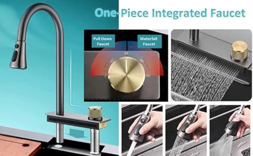 Image of CROCODILE Nano Black Single Bowl Smart Kitchen Sink, 304-Grade Stainless Steel, 24x18x9 inches, Matte Black Finish, with Integrated Waterfall, Cup Washer, Drain Basket, RO Tap and Pull Out Faucet