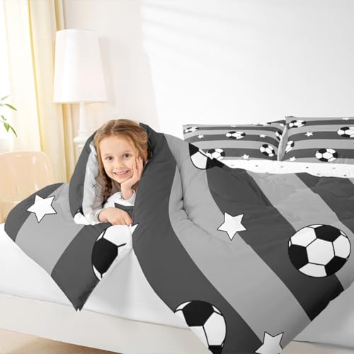 Image of Feelyou Soccer Comforter Set King Size Kids Football Pattern Games Bedding Set for Boys Girls Sports Theme Grey Geometric Stripes Duvet Quilt Room Decor
