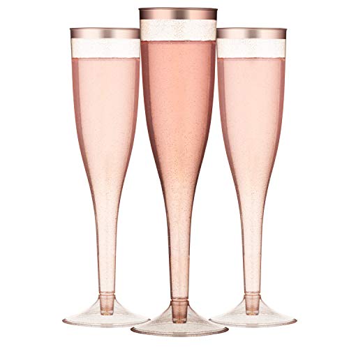 TOROTON 30 Champagne Flutes Disposable, 5.5 oz Rose Gold Rimmed & Glitter Plastic Champagne Glasses, Perfect for Wedding Party, Toasting, Mimosa, Cocktails