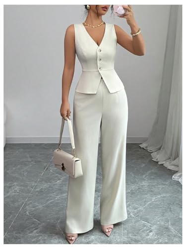SOLY HUX Women's 2 Piece Business Casual Outfits Button Up V Neck Suit Vest and Pants Set4