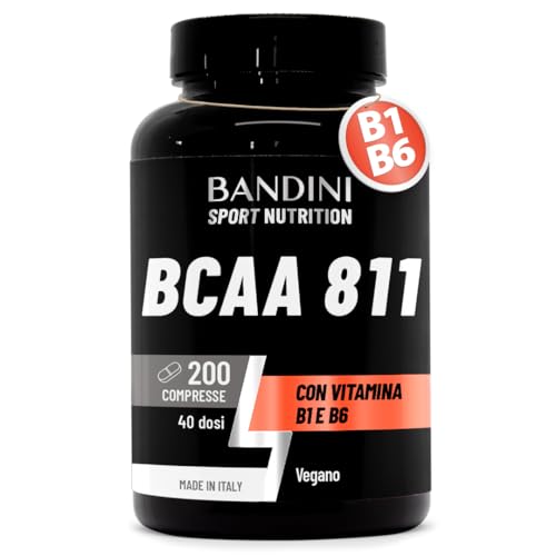 Bandini® AMINOACIDI RAMIFICATI BCAA 8 1 1 | 200 Compresse Amminoacidi Fermentati con Vitamina B1 e B6 | 8.1.1 con Leucina, Isoleucina, Valina | Intra Pre Post Workout | Per Palestra | 8:1:1 100% Vegan