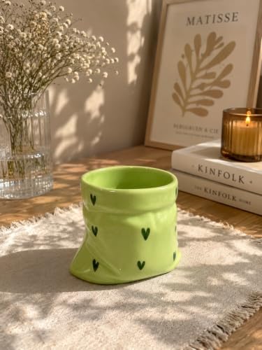Image of Handmade Green Heart Print Handmade Green Heart Print Ceramic Pouch Mug - Aesthetic Pottery Coffee Cup for Tea, Coffee, Milk & Espresso | Cute Designer Handmade Ceramic Mug