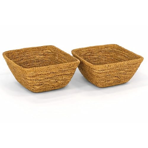 PARENCE. Conjunto de 2 cestas cuadradas de pasto marino 12x12x12x7 cm – Cestas pequeñas y elegantes – Decoración y Aperitivo – Natural – 2 piezas