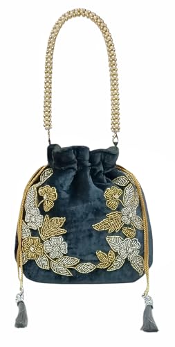 Image of Velvet Potli Bag with Golden & Silver Beaded Flower Embroidery - Handcrafted Ethnic Drawstring Bag for Weddings, Parties & Festive Gifts - Beaded Handle & Tassels for Women